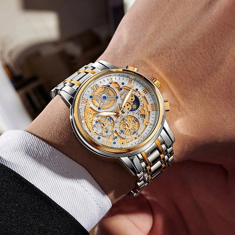 LIGE-남성용 럭셔리 할로우 디자인 스틸 시계, 쿼츠 방수 손목시계, 남자 시계, 크로노그래프