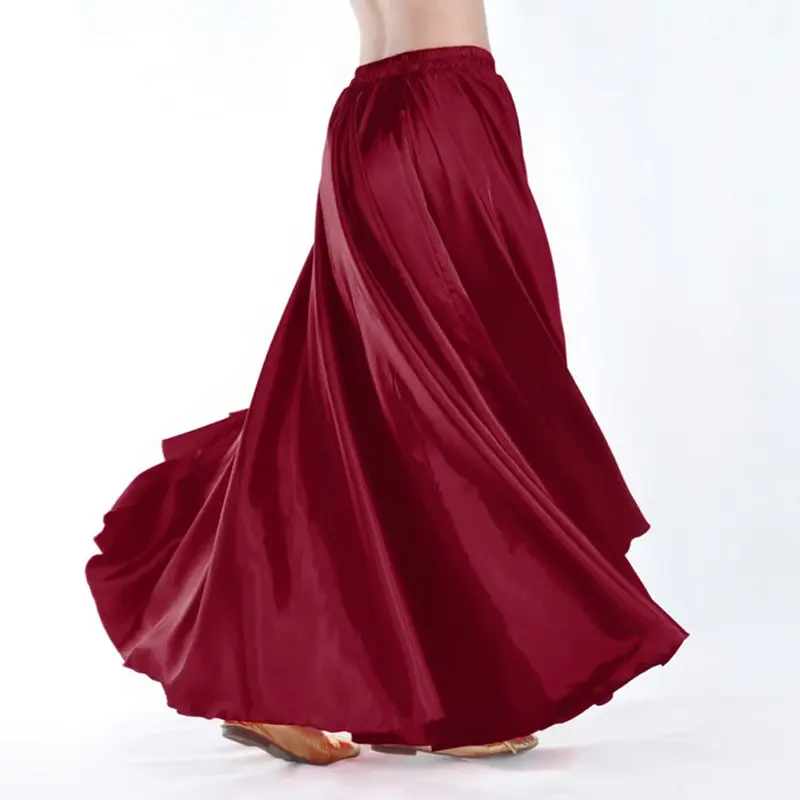 女性のための光沢のあるサテンベリーダンス衣装、フルラウンドスイングスカート、プラスサイズ、フラメンコダンススカート、16色