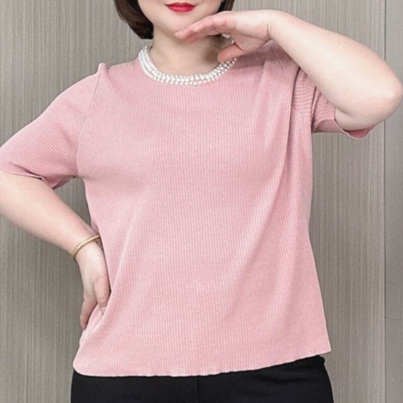 Ice Silk Knitted Short Sleeve T-shirt Women Thin Fashion Beaded O-Neck Top, Plus Size, Summer 2024