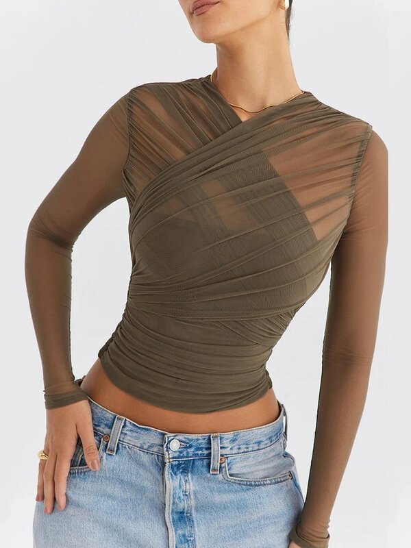Mozision Pure Mesh Lange Mouw Sexy T-Shirt Vrouwen 2023 Herfst Nieuwe V-Hals Rits Gelaagd Skinny Club Party Sexy Tops