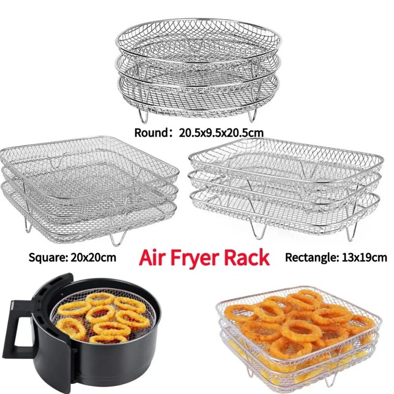 3-layers Air Fryers Rack Stackable Grid Grilling Rack Stainless Steel Anti-corrosion Home Kitchen Oven Steamer Cooker Gadgets