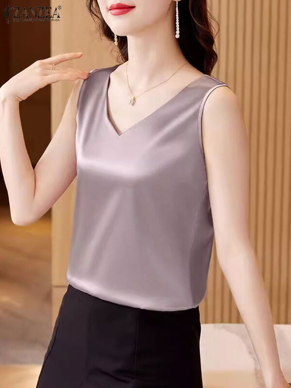 ZANZEA-Chemisiers en satin pour femmes élégantes, chemises à col en fibre V, chemises à documents solides, travail précieux, mode coréenne, été, 256, 2024