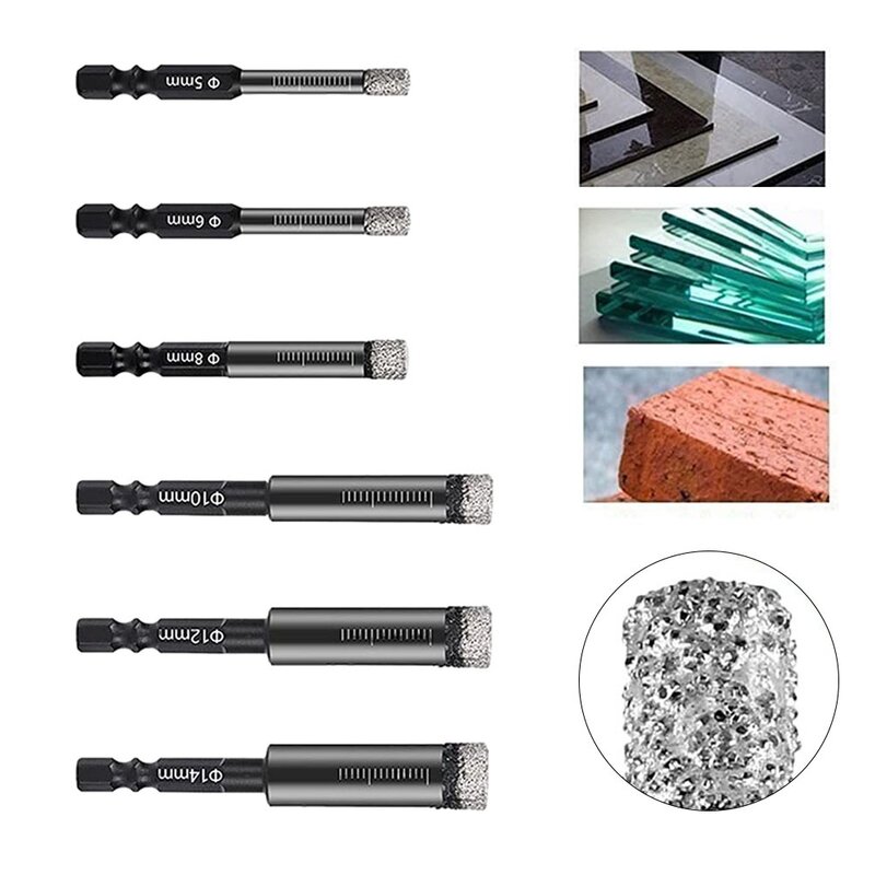 Diamante Dry Drill Bit Hole Saw Cutter, 6mm-12mm Hex Shank, Vacuum Brazed Bit para Granito, Mármore, Alvenaria, Concreto, Perfuração