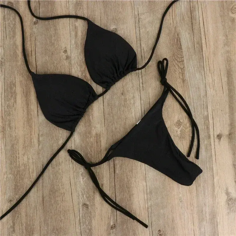 Halter Neck Strap Thong Bikini Set para mulheres, maiô monocromático, roupa de banho sexy, roupa de praia, 2 pcs, 2024