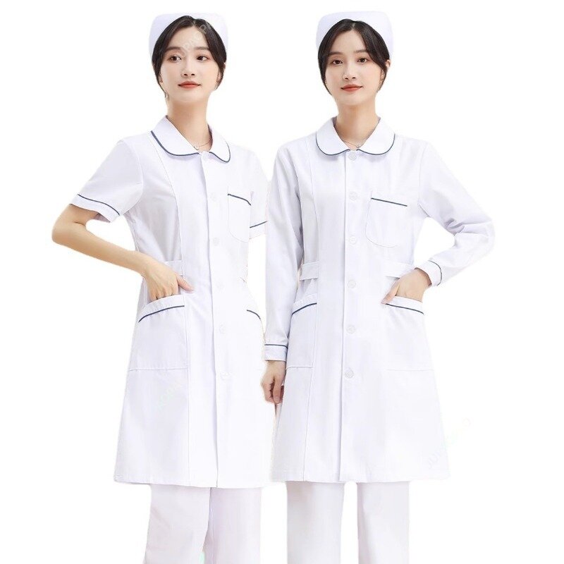 하이 퀄리티 싱글 브레스트 흰색 긴 간호사 의사 작업복, 주머니가 있는 간단한 작업복, 남녀공용 실험실 작업복, 유니폼 착용