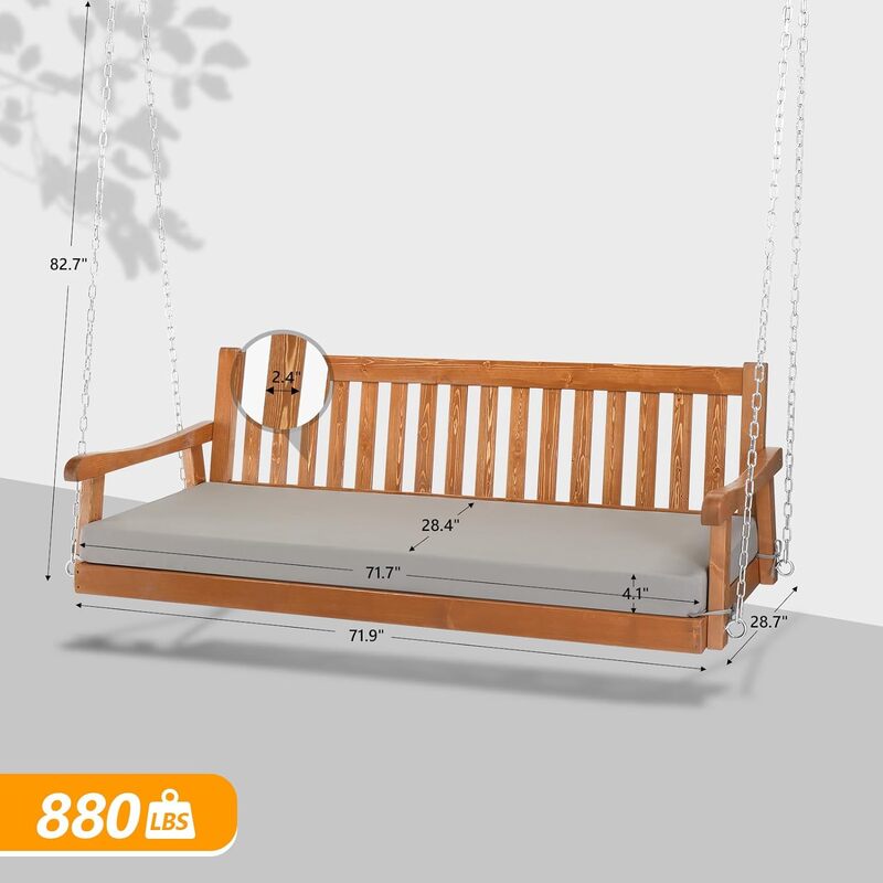 Upgraded 6 FT Pine Wood Porch Swing Daybed, Heavy Duty 880 LBS Patio Hanging Swing Sofa Bench with Adjustable Chains
