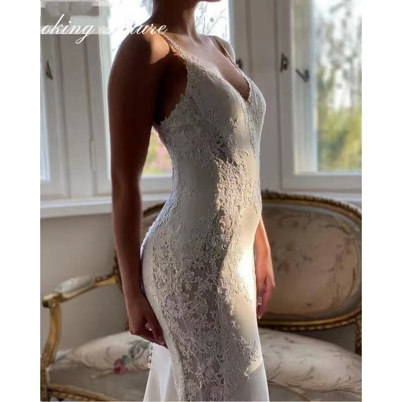 Современное кружевное атласное свадебное платье с V-образным вырезом без рукавов длинное свадебное платье 2024 Роскошные пуговицы с открытой спиной Вышивка Vestido De Noiva