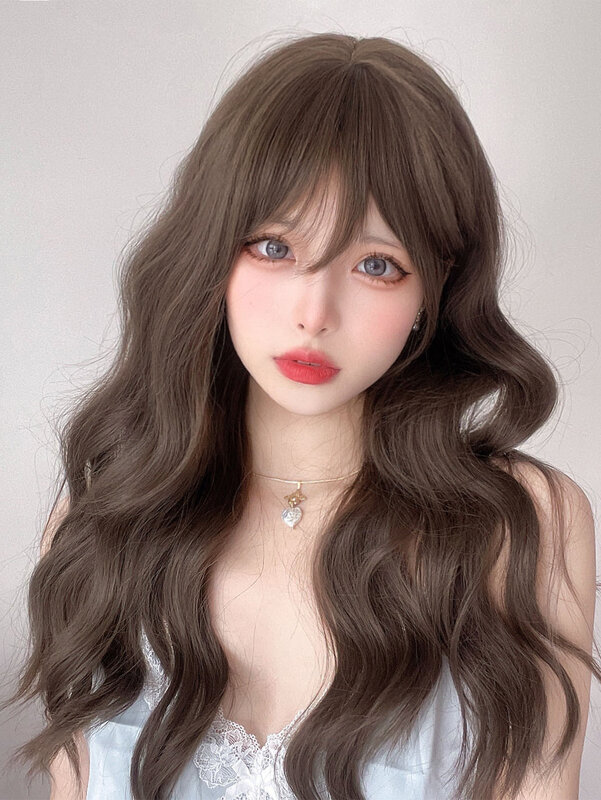 24Inch Cool Brown Synthetic Wigs with Bangs Long Natural Wavy Hair Wig for Women Daily Use Cosplay Drag Queen Heat Resistant