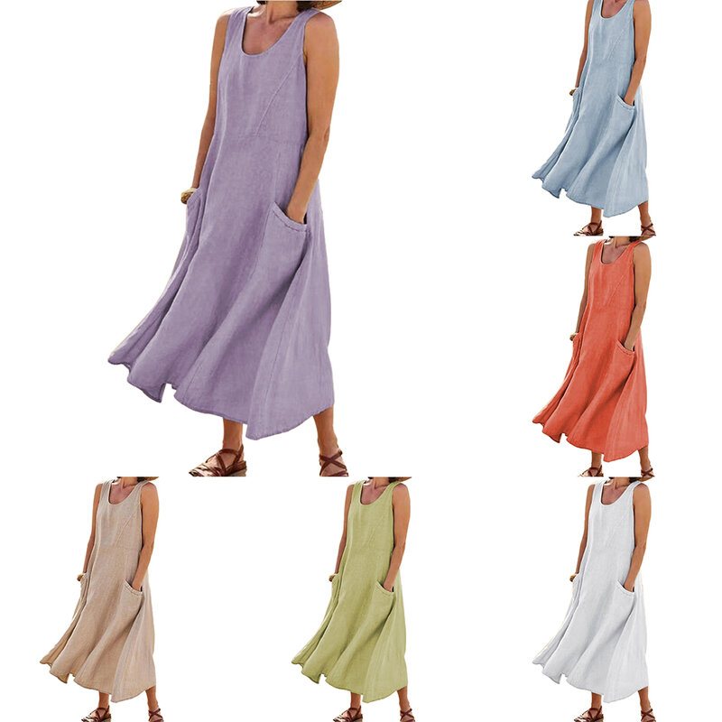 فستان طويل من الكتان القطني مع جيوب للنساء ، بسيط ومريح ، رائع للشاطئ الصيفي والملابس اليومية