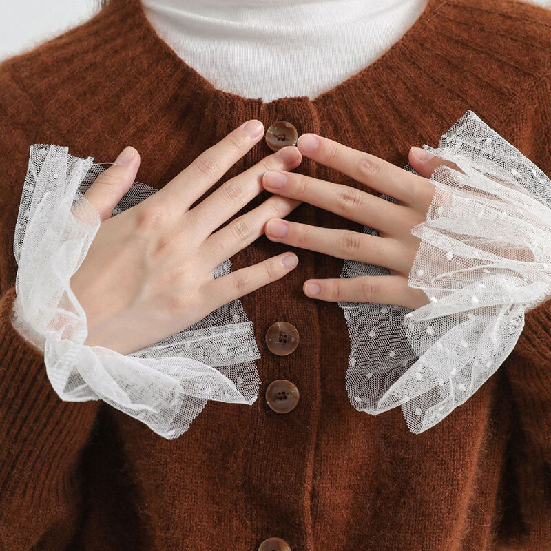 แฟชั่นผู้หญิงเสื้อกันหนาวปลอมแขนถักโครเชต์ลูกไม้ Ruffles Horn Cuffs ข้อมืออุ่น False Cuffs