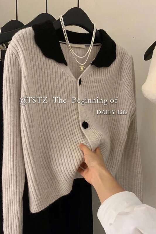 Cashmere Lapel Sweater Jacket for Women's Spring New Lazy Style Design Sense Top Pit Stripe Doll Neck Knitted Cardigan