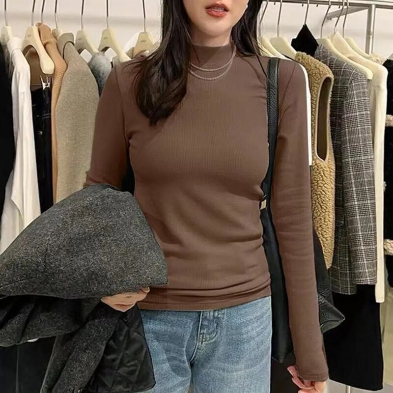 Women Long Sleeve Top Elegant Stand Collar Women's Sweater Blouse for Fall Winter Soft Warm Pullover with Slim Fit Solid Color