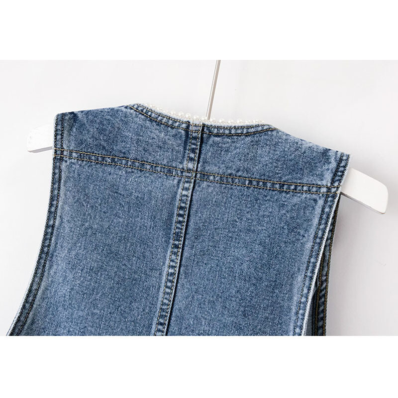 Vintage Blauwe Kralen V-Hals Denim Vest Vrouwen Gilet Cowboy Mouwloze Jas Jas Zomer Koreaanse Sim Korte Jeans Vesten Dames