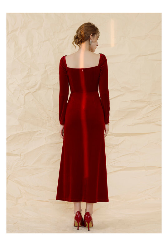 Czerwona suknia tostowa na szyję dla panny młodej, wysokiej klasy, zaręczyny, mała sukienka, aksamitna, z rozcięciem, sukienka plisowana, może być noszona w normalnym czasie