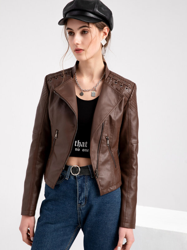 FSMG giacca in ecopelle alla moda primaverile e autunnale per donna, capispalla corta con cerniera Casual Slim Fit, cappotto moto leggero