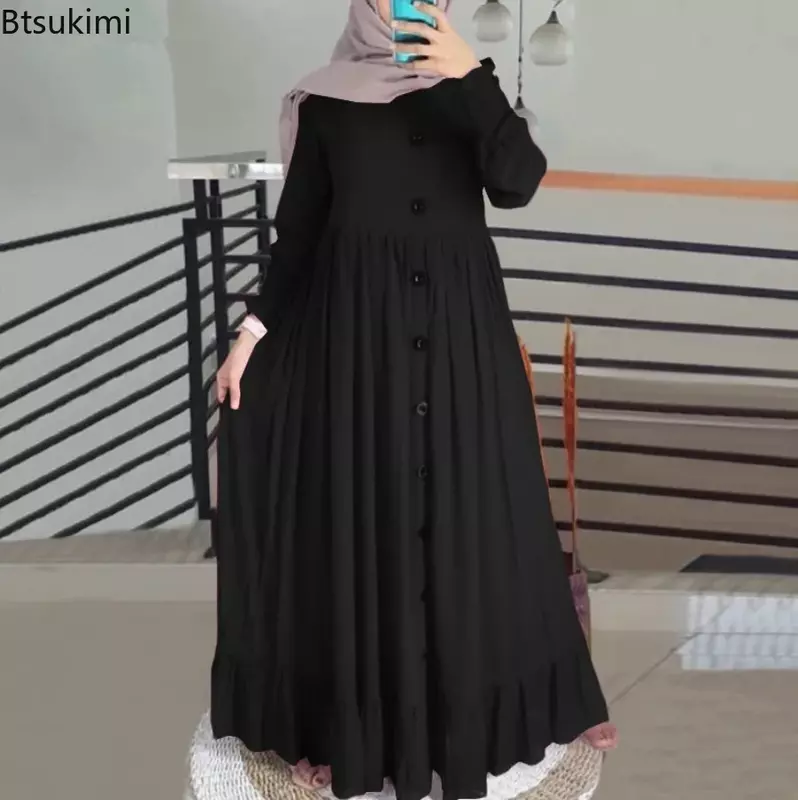 Mulher muçulmana vestido longo com manga pétala, bainha do plissado, algodão, linho, casual, maxi, nova moda