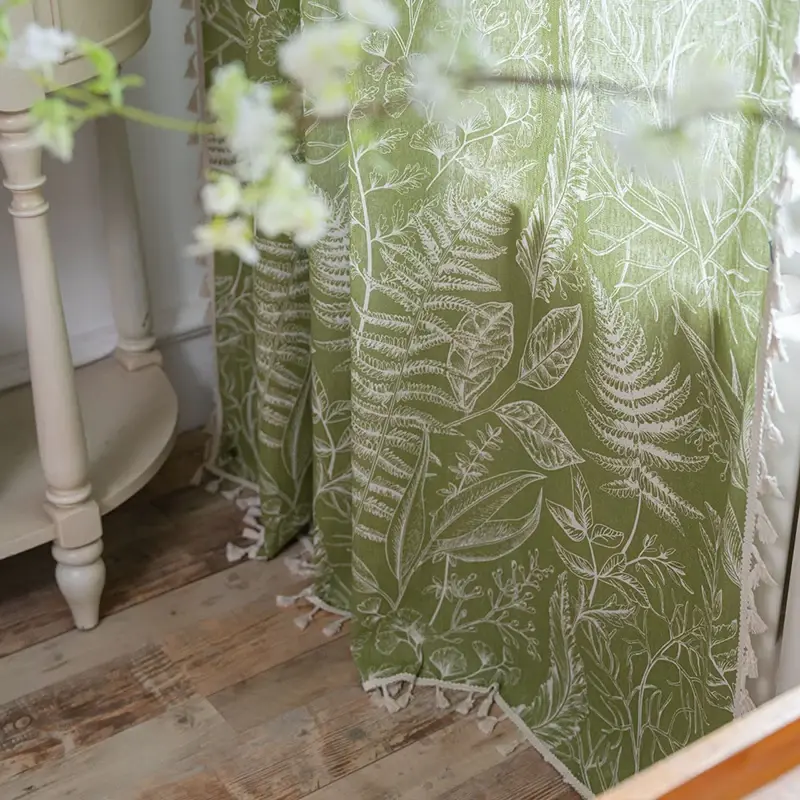Tirai jendela daun hijau, gorden Blackout tanaman tahan air pedesaan Boho rumbai batang saku untuk ruang tamu kamar tidur dekorasi