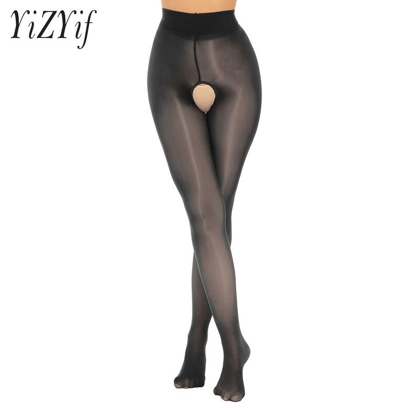 Womens See Through Crotchless Pantyhose Glossy Smooth Mid Waist Tights Lightweight Stretchy Leggings