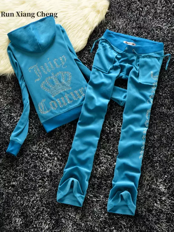 Women's Tracksuit 2023 New Chic and Elegant Hooded Golden Velvet Crown Rhinestones Letters Leisure Sports Suit Two-piece Suit