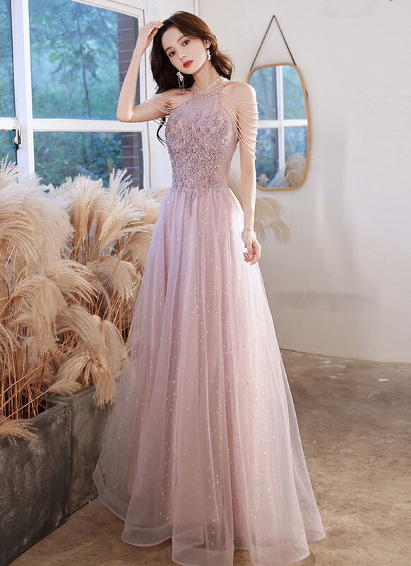 Luxury High Quality Pink Evening Dress 2024  For Prom Summer Autumn Temperament Socialite Senior Party Dress For Women