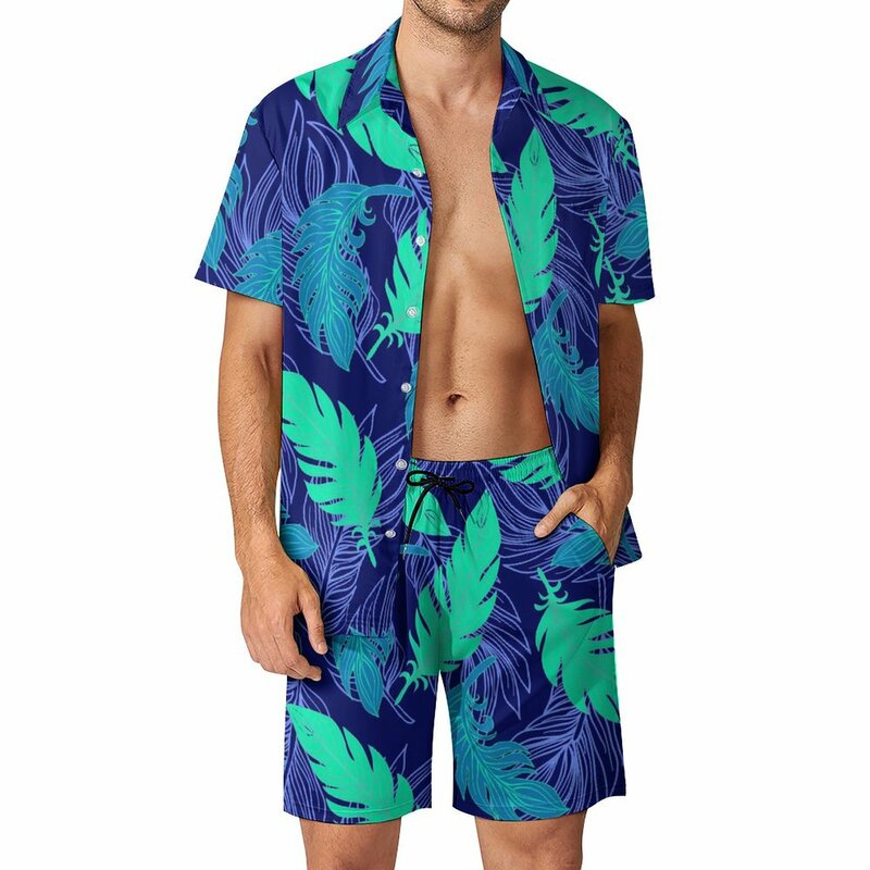 Conjunto de camiseta hawaiana con estampado de hojas para hombre, pantalones cortos informales de arte abstracto, traje de gran tamaño con patrón de manga corta para Fitness al aire libre, Verano