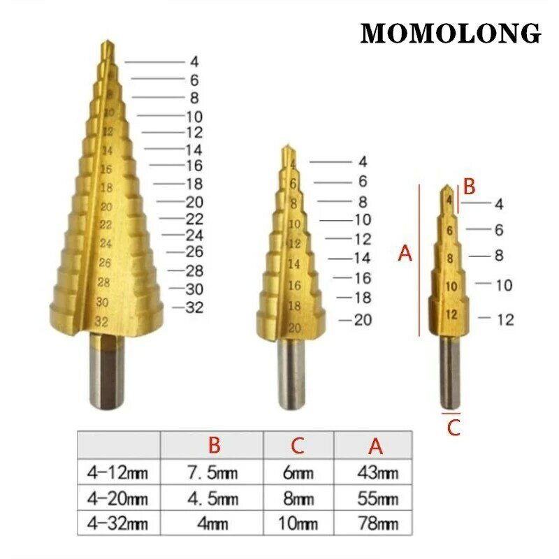 4-12mm 4-20mm 4-32mm strumenti di perforazione per punte da trapano 3 pz/set metallo acciaio ad alta velocità taglierina per fori per legno cono Drill titanio di alta qualità