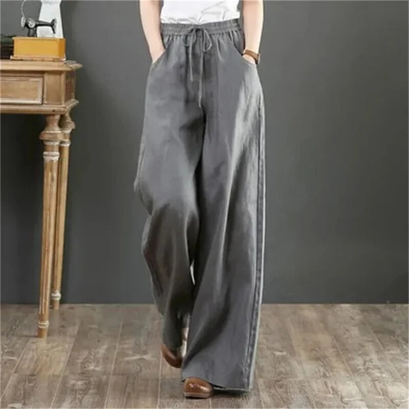 Pantalon en coton et lin pour femme, pantalon à jambe droite et large, couleur unie, style coréen, printemps et été 2024