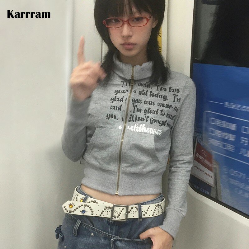 Karrram-Chaqueta corta japonesa Y2k, abrigo corto Vintage Harajuku, sudadera con cremallera con estampado de letras Retro americanas, ropa de abrigo Grunge