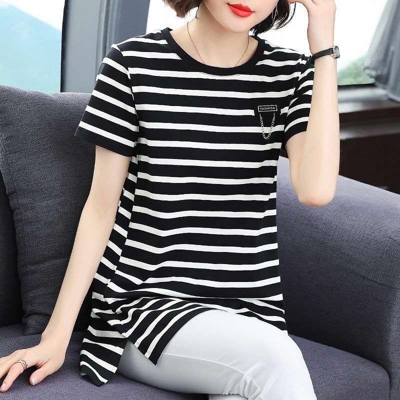 Black White Striped T Shirts Summer New Short Sleeve Loose Plus Size All-match Casual Tops Tees Vintage Fashion Women Clothing