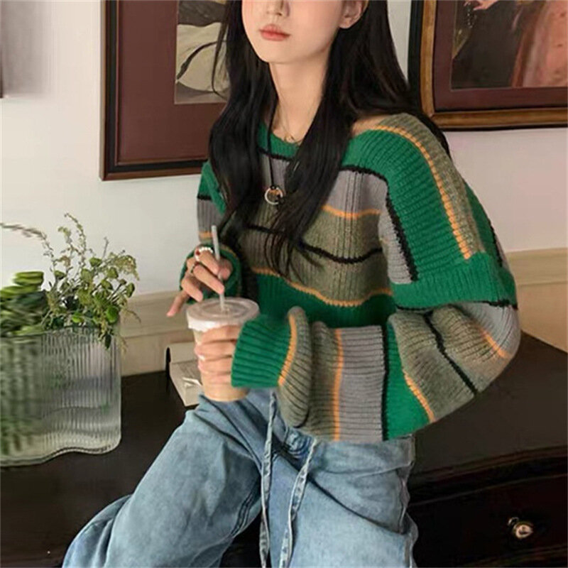 Women's Sweater Autumn and Winter New Sweet Spicy Style Color Block Stripes Lazy Versatile Loose Casual Pullover Knitted Shirt
