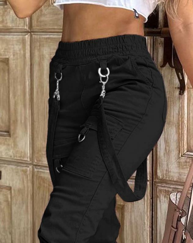 Women's Cargo Pants Casual Trousers 2023 New Solid Color Trend Street Pocket Design Cuff Suspenders Decorative Cargo Pants