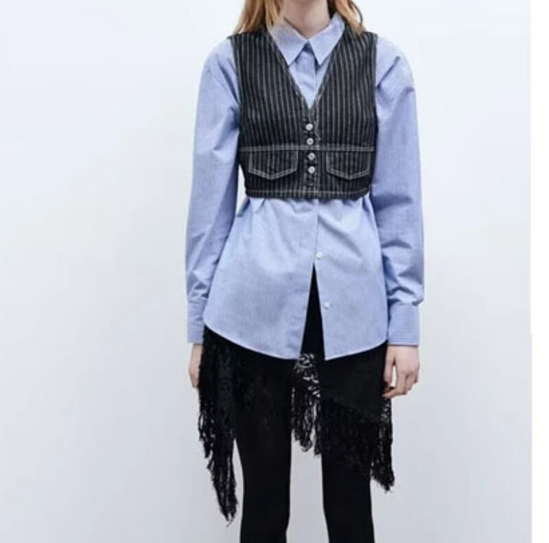 Spring Striped Denim Short Vest for Women Waistcoat Button-down Jacket Retro Personality Street Vests Slim Sleeveless Cardigans