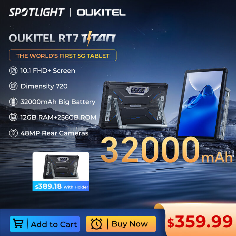 Oukitel RT7 TITAN 5G Tablet kasar, Tablet PC Android 13 48Mp + 20MP baterai 10.1 "FHD + 32000mAh 12GB + 256GB