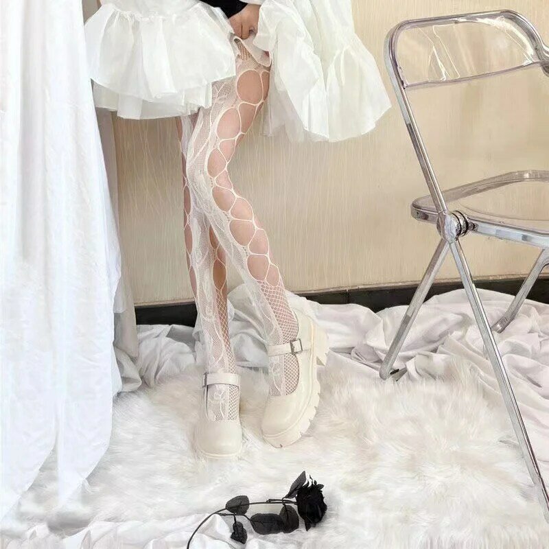 Mulher menina goth punk sexy lolita fishnet meias meias harajuku estilo rosa padrão oco para fora collants malha meias leggings