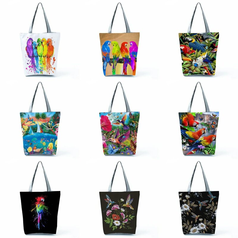 Bolsa de compras feminina reutilizável sacola de praia sacola de ombro de viagem bolsas portáteis personalizadas, estampa de papagaio fofa, casual, nova, 2022