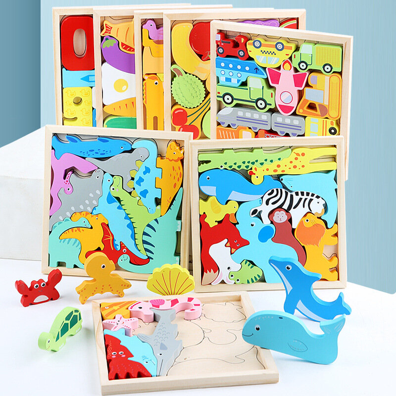 Hot New 3D Puzzle Wooden Toys Baby Learning Educational Hand Grasp Board Cartoon Animal Fruit and Vegetable Jigsaw Toy Gifts