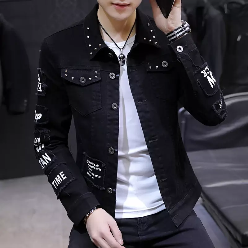 Jaqueta jeans casual solta masculina quebrada, casaco preto, terno masculino, streetwear, moda coreana, nova, primavera, 2024