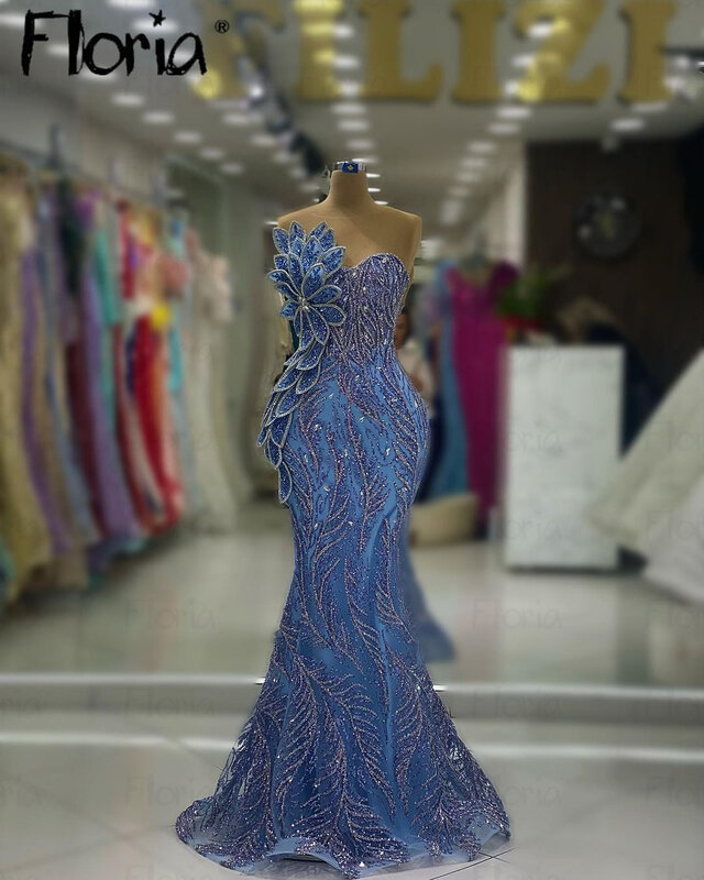 Kryształy brokatowe srebrne Floria niebieska suknia wieczorowa kobiet arabskich 2024 wieczorne suknie kolacje wykonane na zamówienie sukienki na specjalne okazje