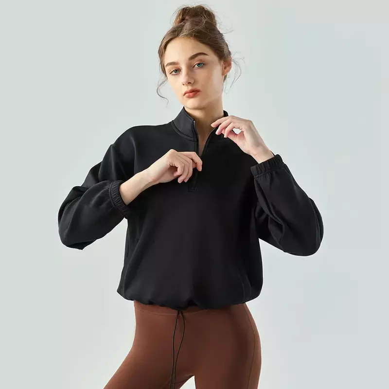 Sweater Yoga wanita, atasan olahraga kebugaran baru, Pullover pendek kasual, leher berdiri