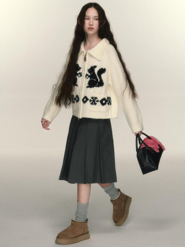 Deeptown Harajuku Kawaii Eichhörnchen Muster Strickjacke Frauen Vintage Herbst Winter übergroße Pullover koreanische süße Strickwaren Tops