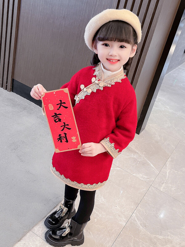 Чонсам для девочек, Династия Тан, зимняя одежда, детское плюшевое и утепленное платье нового года, красное теплое платье ханьфу, новая модель