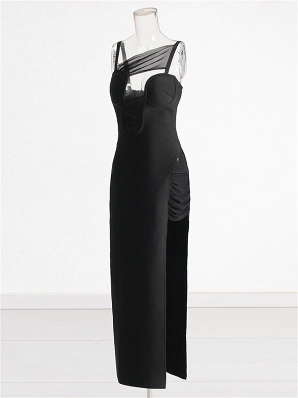 Sexy Split Long Party Dress Mesh Hanging Strap Irregular Spliced Hollow out Evening Gown Slim Fit Elastic Prom Robes