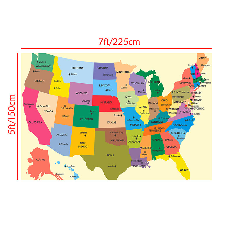 Toile Non tissée de peinture la carte des états-unis en anglais, 225x150cm, affiche décorative et imprimée, décoration de salon, fournitures de bureau