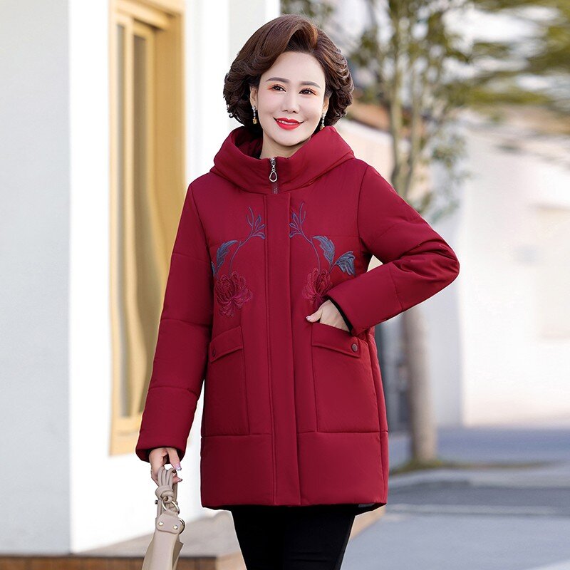 Odzież dla matek w średnim wieku i aksamitne grube parki kobiety za duże 8XL, 9XL zimowy płaszcz bawełniany haftowane kurtki