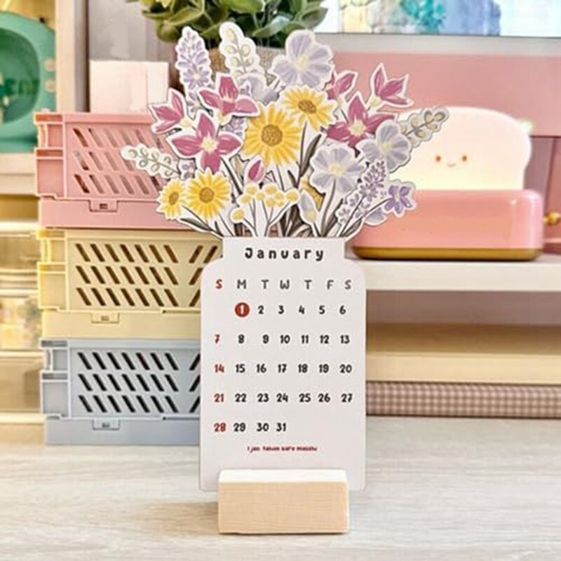 Calendrier de bureau fleur en forme de vase, calendrier mensuel, licence, petit, 2024