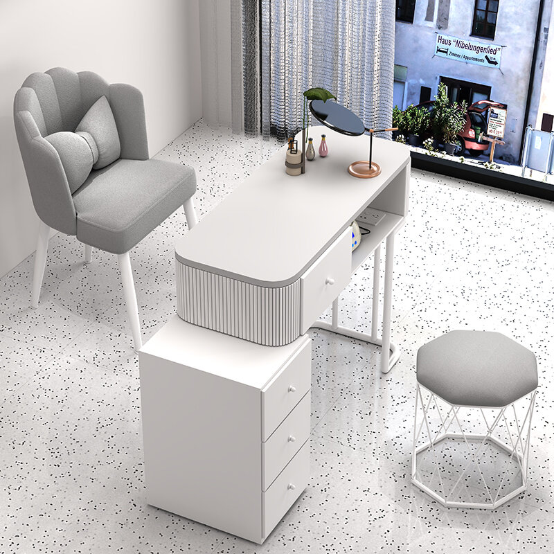مكتب أظافر زجاجي من Kawaii مع درج ، مكتب جمالي أبيض ، طاولة أظافر شمالية ، كرسي فني ، طلاء الأظافر ، تصميم