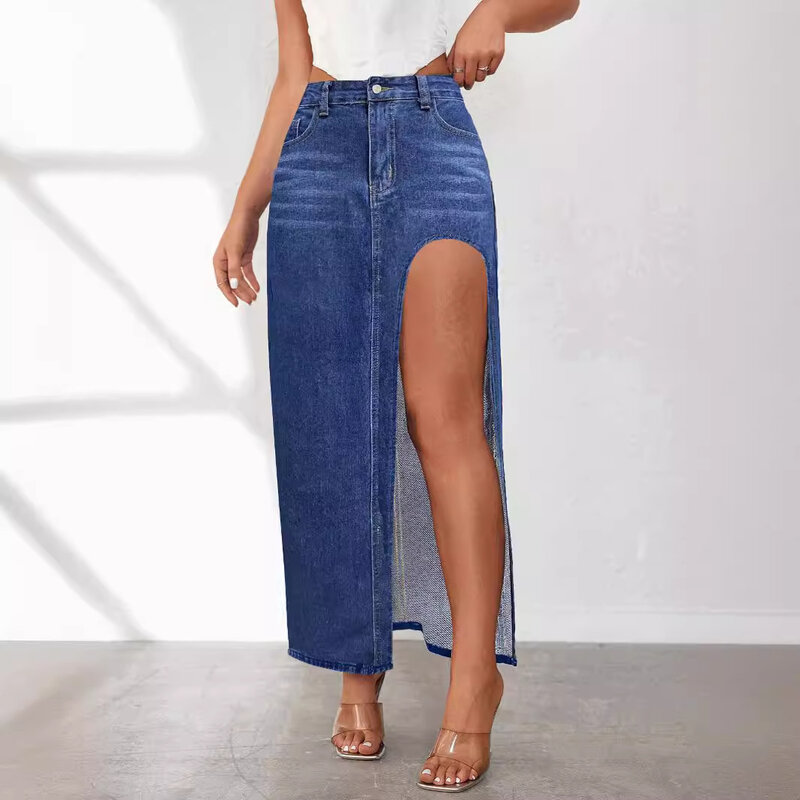 Rok Denim terpisah wanita rok Jeans panjang ketat pinggang rendah Y2k rok kasual Vintage seksi pakaian jalanan