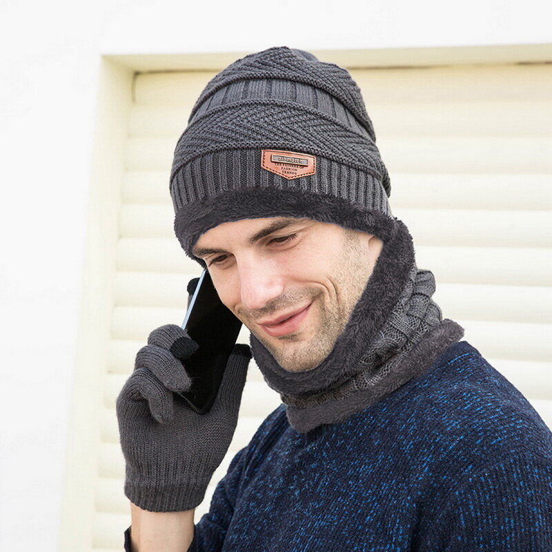 Chapéu de malha com lenços para homens e mulheres, gorro grosso quente, luvas touch screen, bonés de inverno, moda, 2022, 3 peças por conjunto