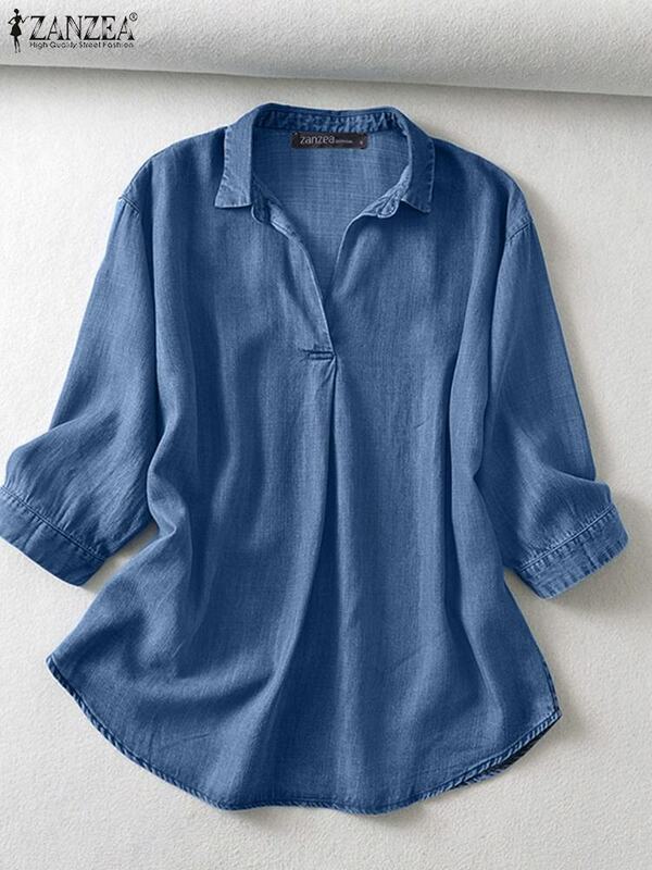 Zanzea เสื้อเบลาส์แขน3/4คอวีสำหรับผู้หญิงใส่ในฤดูร้อนเสื้อเชิ้ตผ้ายีนส์สีน้ำเงินหรูหราสีพื้นเสื้อทำงาน OL ลำลองทรงหลวมโอเวอร์ไซส์