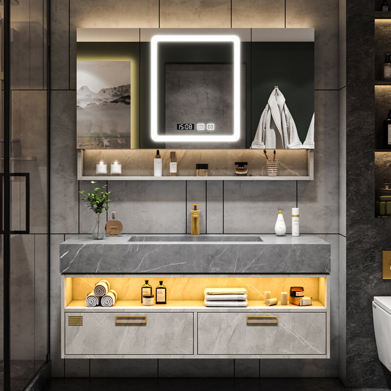 Placa de piedra de baño de lujo ligera personalizada, Cubo de baño completo, soporte de lavabo, combinación de gabinete de baño inteligente